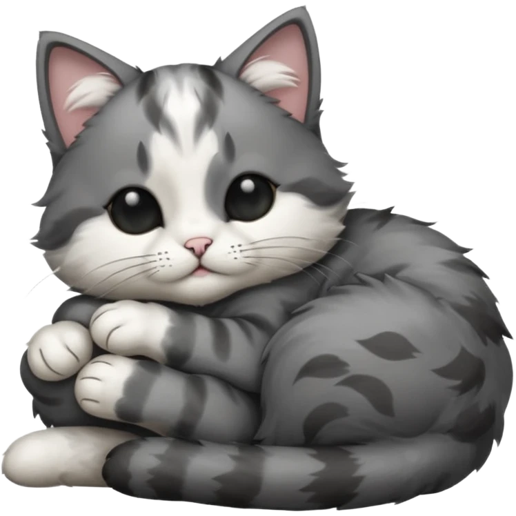dark grey and white small cat with his eyes closed lying down leaning on its elbow with its paw curled under its head holding it up emoji