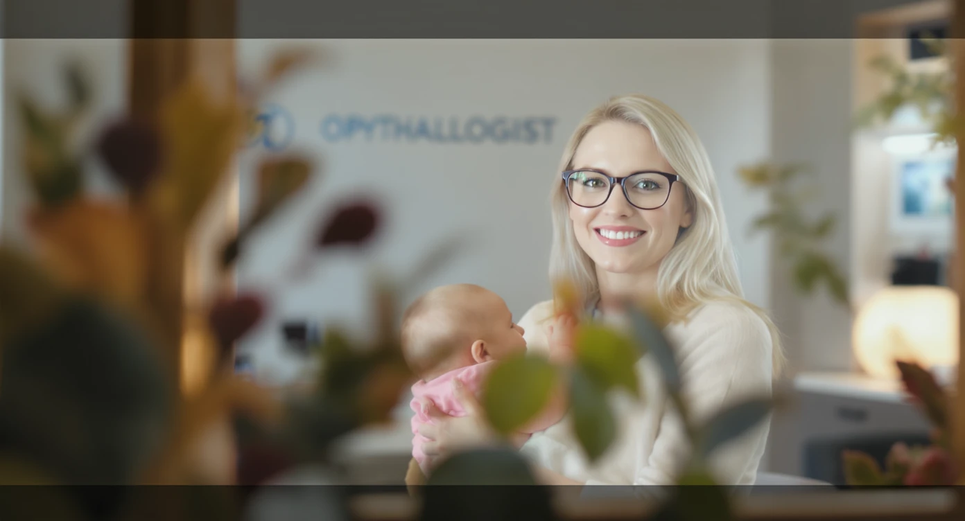Cinematic still, blurred plants in the foreground (frame within a frame), Proffesional advertising of a smiling european white woman with glasses smiling holding baby, minimalistic ophthalmologist interior in background, leading  lines, "rule of thirds", 60/30/10 colors, soft light, warm colors emoji