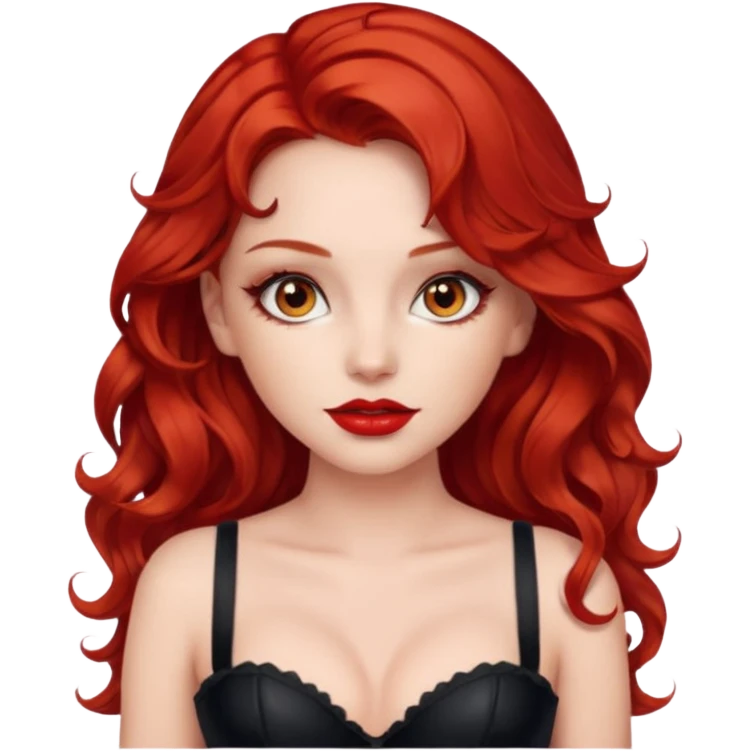 girl with red wavy hair, amber eyes, red lipstick, wearing red bustier emoji
