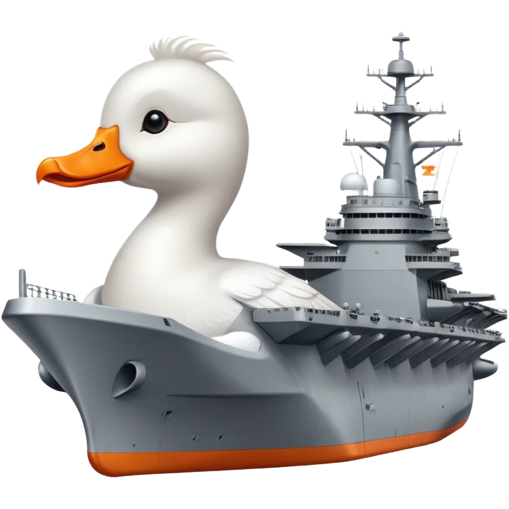 A gray military aircraft carrier with a white goose head and orange beak at the front of the ship emoji