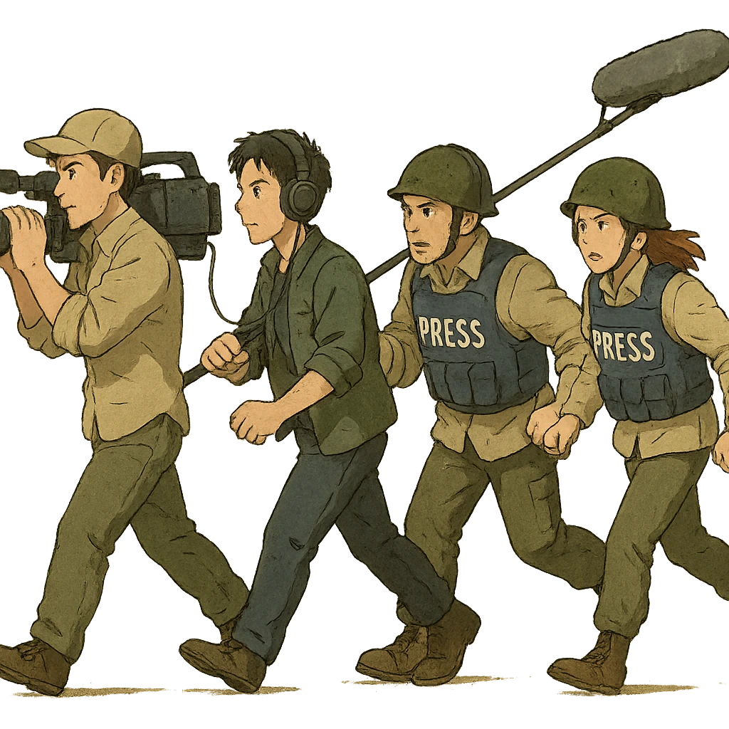 a flim crew, walking from left to right across frame: a cameraman, and a microphone operator, two people, war correspondents, tense moment emoji