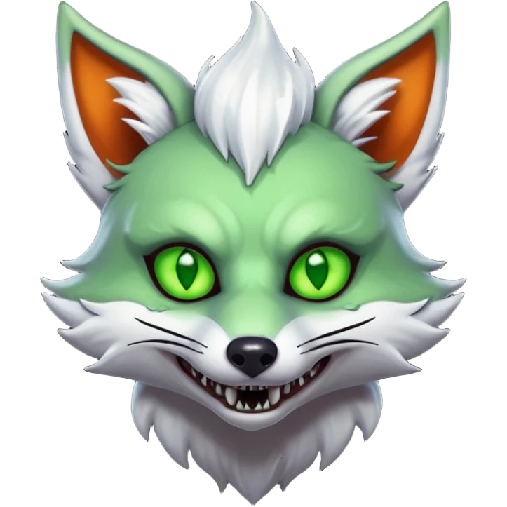 zombie fox portrait, head and shoulders only, torn tail fur visible, sinister grin, glowing toxic eyes, spooky fantasy style, 3D cartoon, mobile game icon style, clean background, no text, no watermark
 emoji
