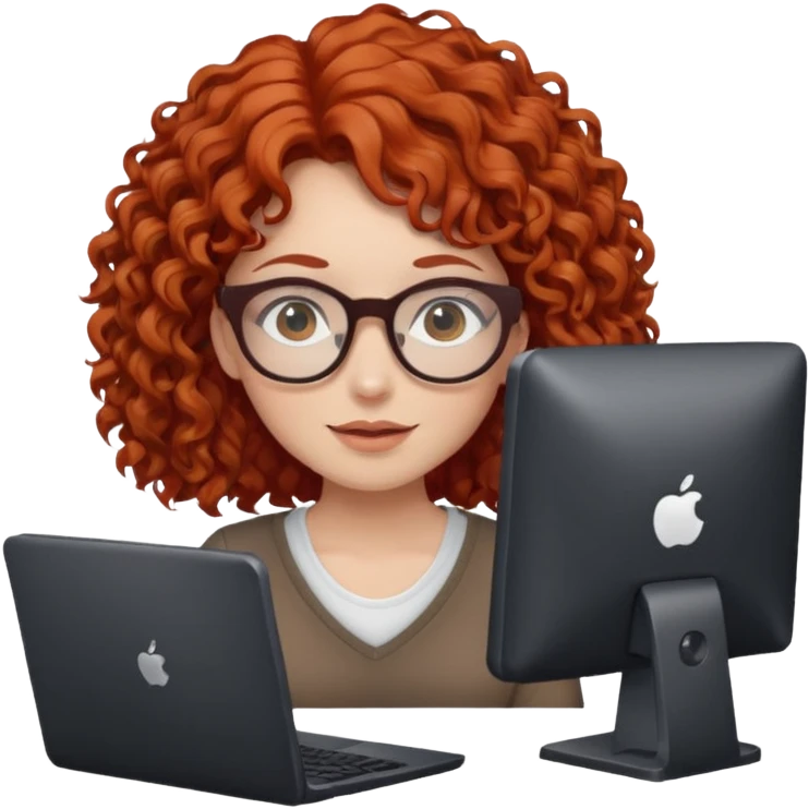 red-haired curly girl wearing brown glasses using a computer emoji