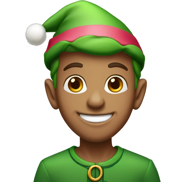 Christmas elf with a green hat, light skin, rose-colored nose, and a bg smile. emoji