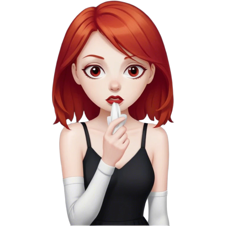 a woman with red hair and red eyes sniffing a white sock. The woman wear a black  dress emoji