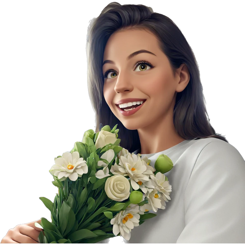 smiling girl with flower bouquet emoji