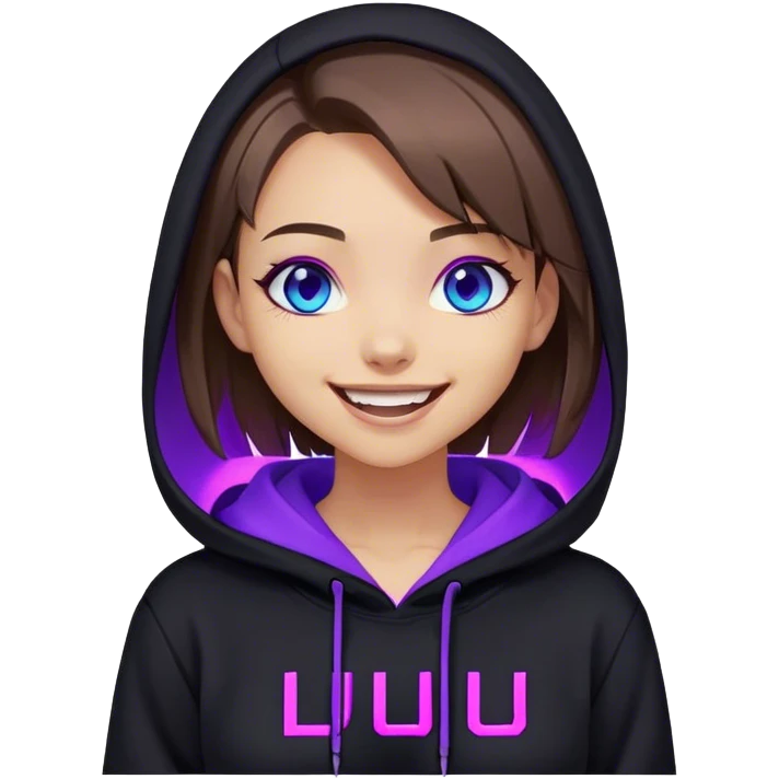 brown haired girl with a bob and blue eyes wearing black hoody with violet letters "Lu", laughs. Cyberpunk style. Violet neon. emoji