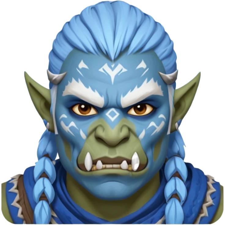 Fantasy orc portrait emoji, white and blue frost war paint on face, harsh winter warrior mood, strong expression, minimal tribal design, clean readable emoji style, male/female variant
 emoji