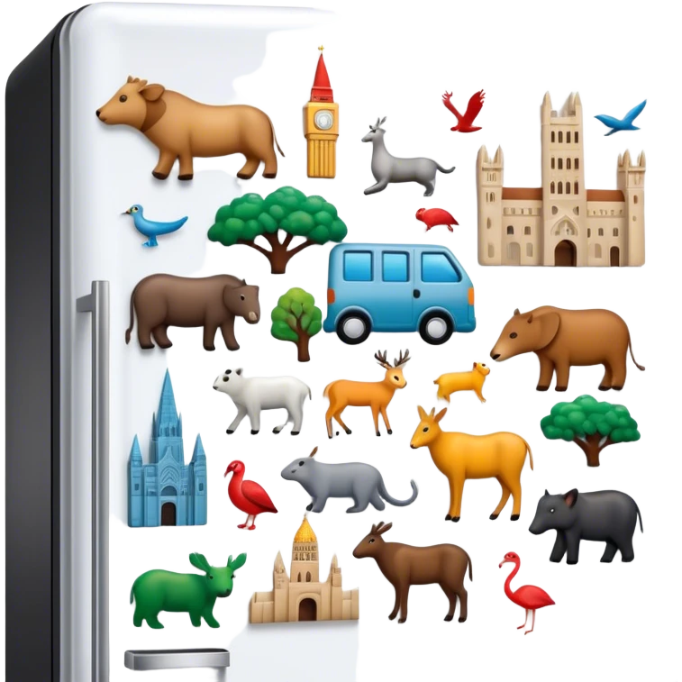 Icon for Magnet Collecting: a close-up of a fridge door covered with a variety of magnets, featuring cities, animals, symbols. The icon should highlight the diversity and charm of magnet collections. Transparent background. emoji