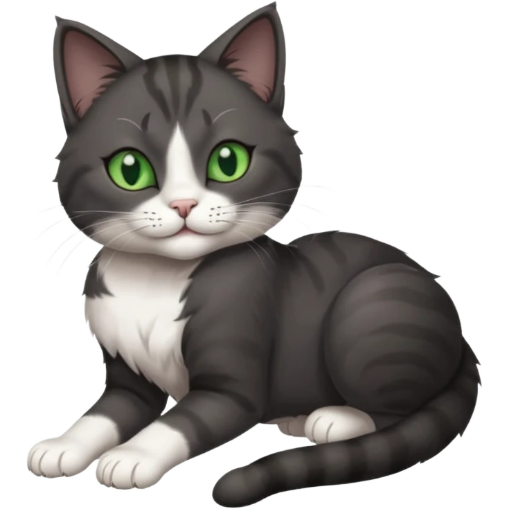 beautiful female solid dark grey cat with green eyes, white toes/paws and white patch on her chest rolling upside down emoji
