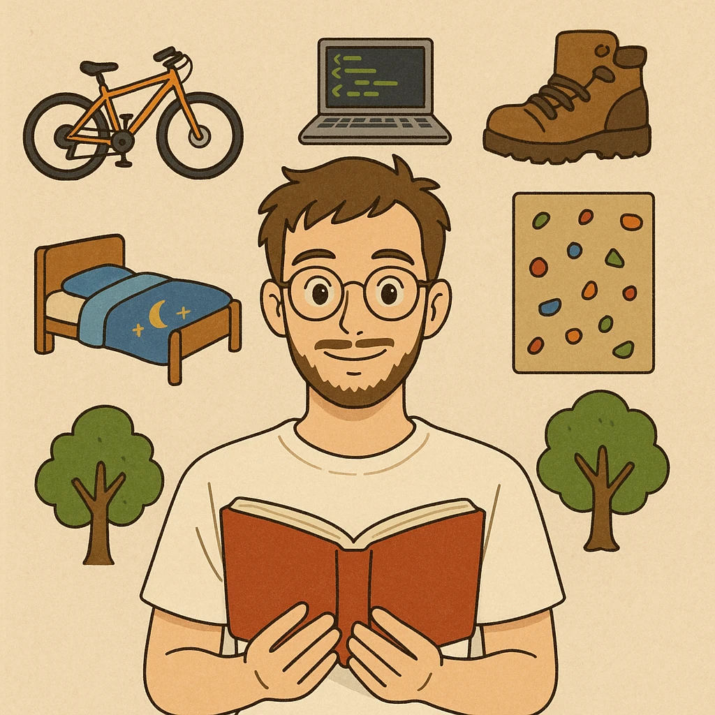 ghibli style young man with light skin, short brown hair, neatly trimmed beard, round gold-rimmed glasses, smiling, plain white t-shirt, holding open red book at chest level, surrounded by hobby icons: orange mountain bike, gray laptop with code, brown hiking boot, climbing wall, bed with blue blanket and moon-and-stars, green tree emoji