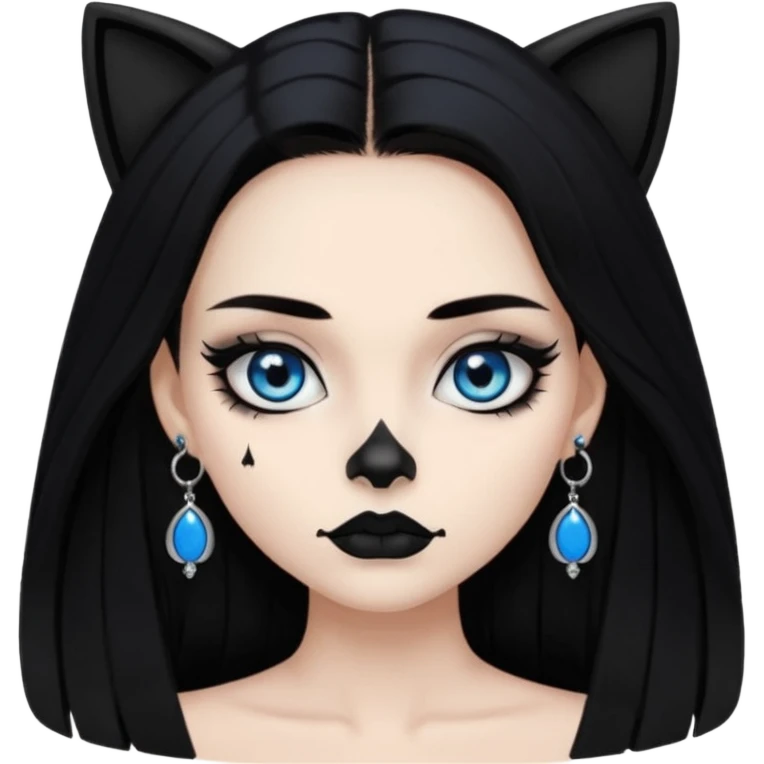A girl with long black hair and blue eyes, black eyeshadow, black cat eye liner, mascara, and black lipstick,and black skull earrings. Also a black sexy dress   emoji