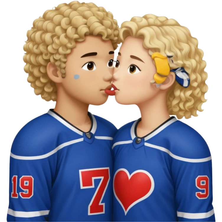 Asian hickey player kissing curly hair blonde hockey player emoji