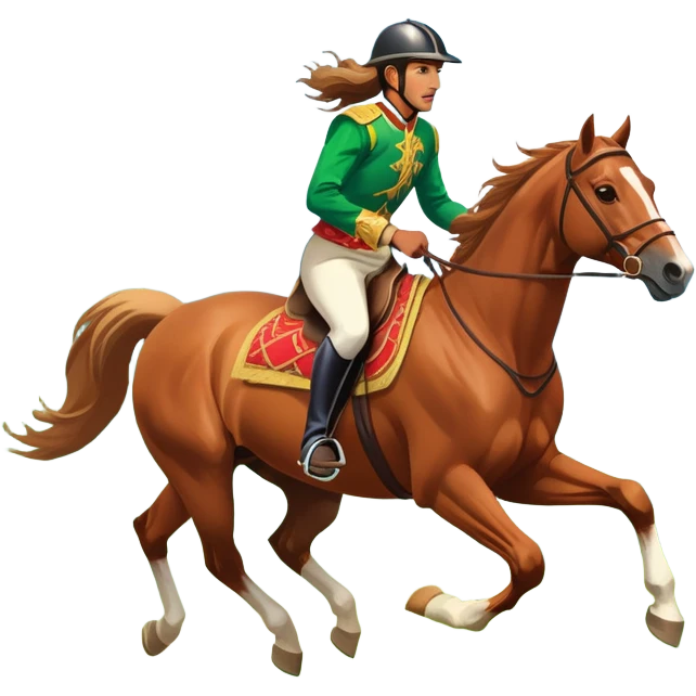 An icon showcasing a majestic horse and rider in full gallop across a lush green field. The background features a clear sky, distant mountains, and a vibrant landscape. The rider wears traditional gear, while the horse leaps with grace and power.  emoji