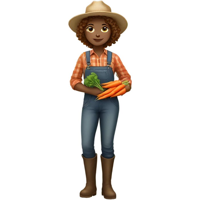 full body farmer girl standing, LIGHT skin, brown curly hair, holding carrots emoji