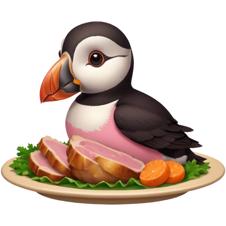 pink puffin that is pink-colored eating roast dinner emoji