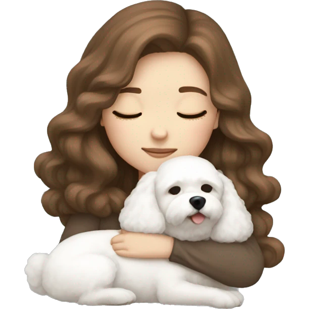 White girl brown hair sleeping with Mini Bichon emoji
