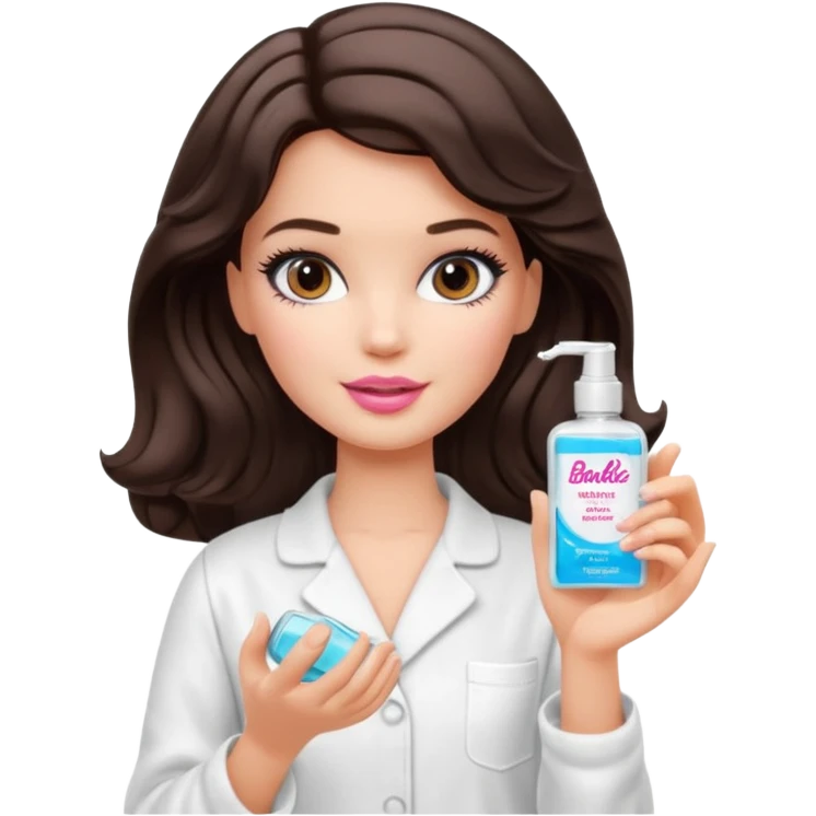 A Barbie girl with makeup, with short wavy dark brown hair in white pajamas, holding a facial gel in her hand emoji