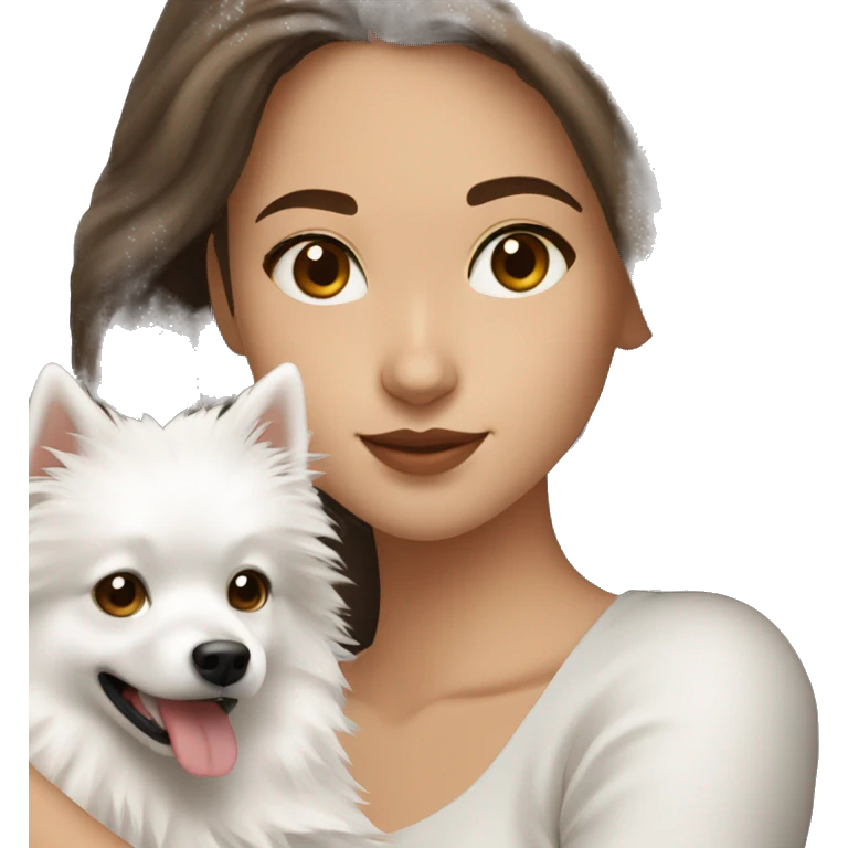 20 year old women with brown hair and brown eyes holding a white japanese spitz dog emoji