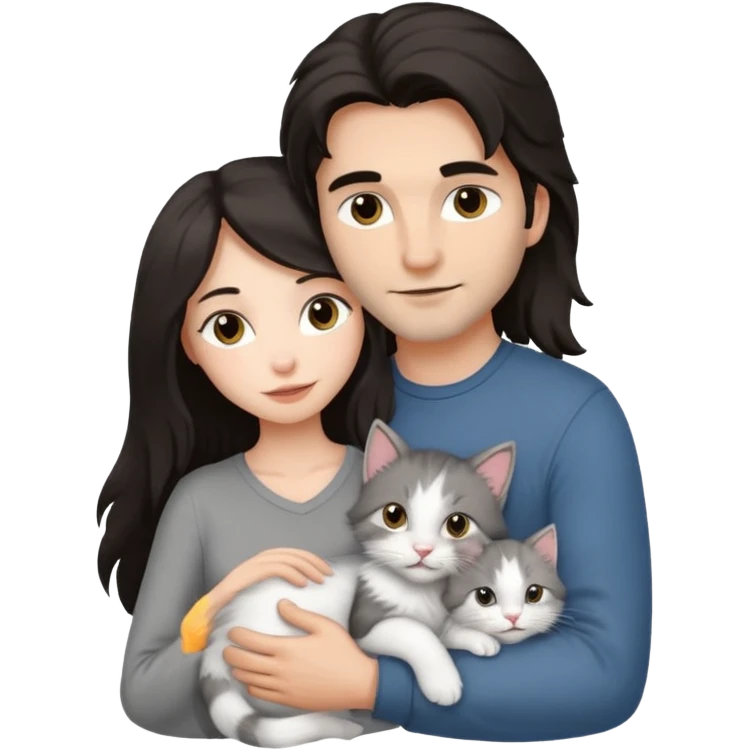 Девушка с тёмными длинными волосами рядом мужчина обнимает её и у них котенок emoji