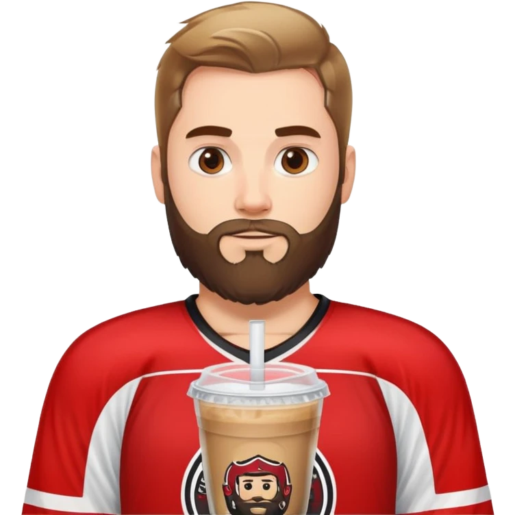 hockey player with a beard with iced coffee in red and black jersey  emoji