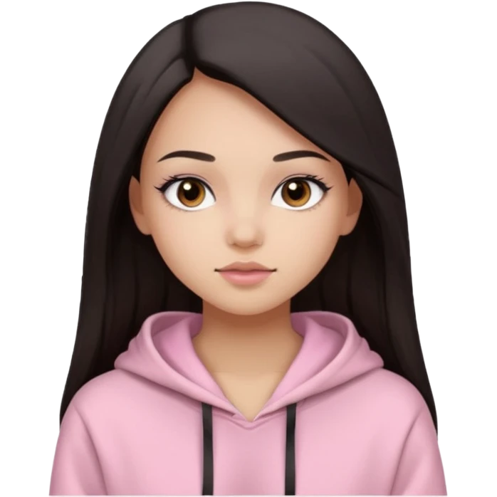 A pretty girl with light skin and long straight black brown hair, wearing a very light pink basic hoodie with brown eyes and makeup and a round face emoji