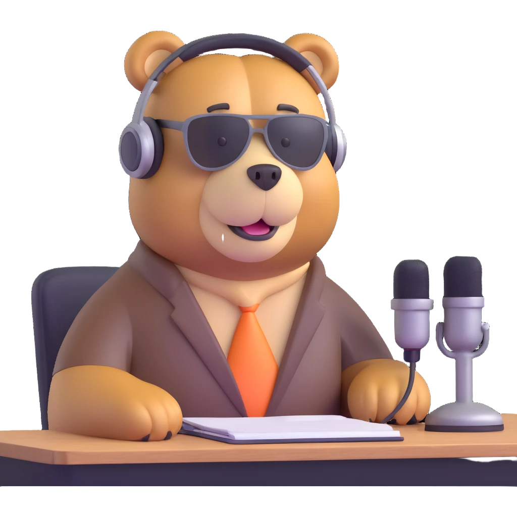 bear with a headset, sitting at a desk with a microphone emoji