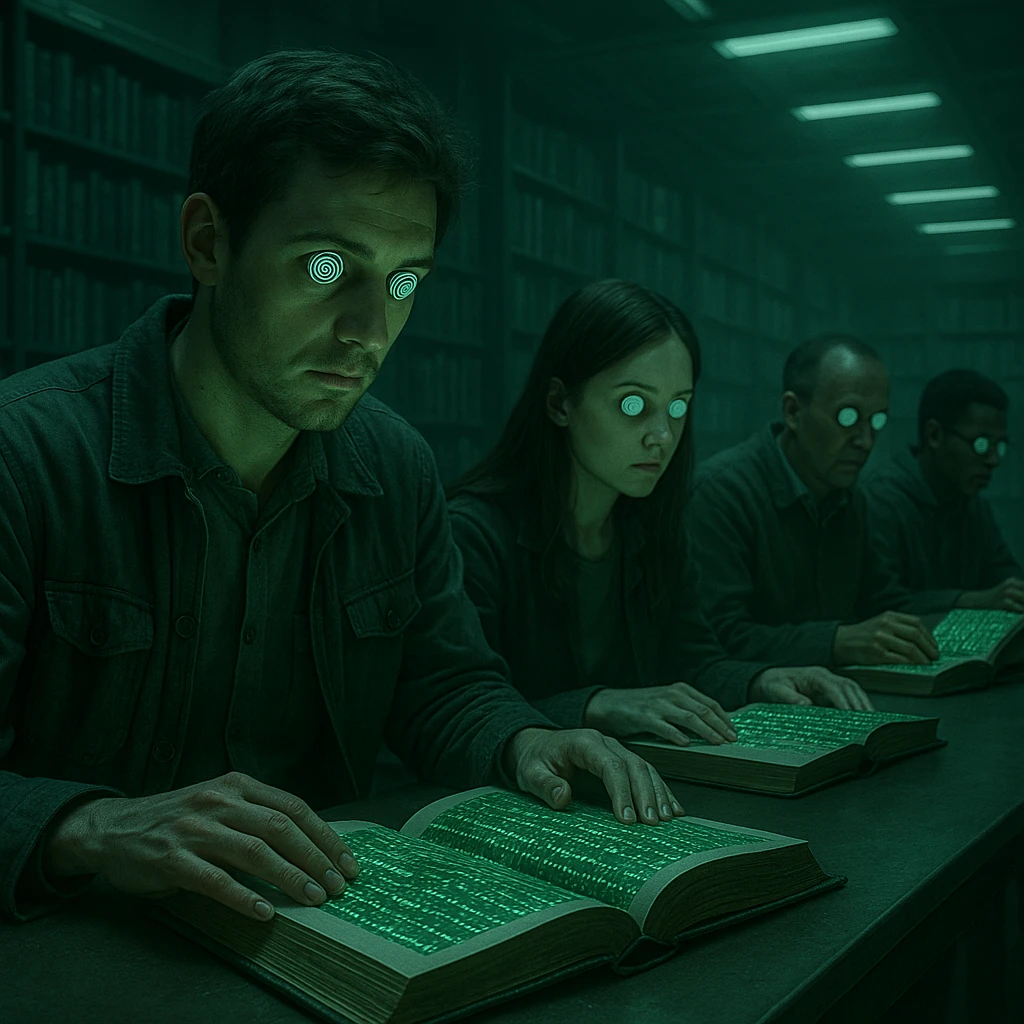 people sitting in a futuristic library with hypnotized eyes and absent gaze, studying books with digital covers and Matrix symbols, surreal atmosphere, green and cold lights, realistic details, 4K quality emoji