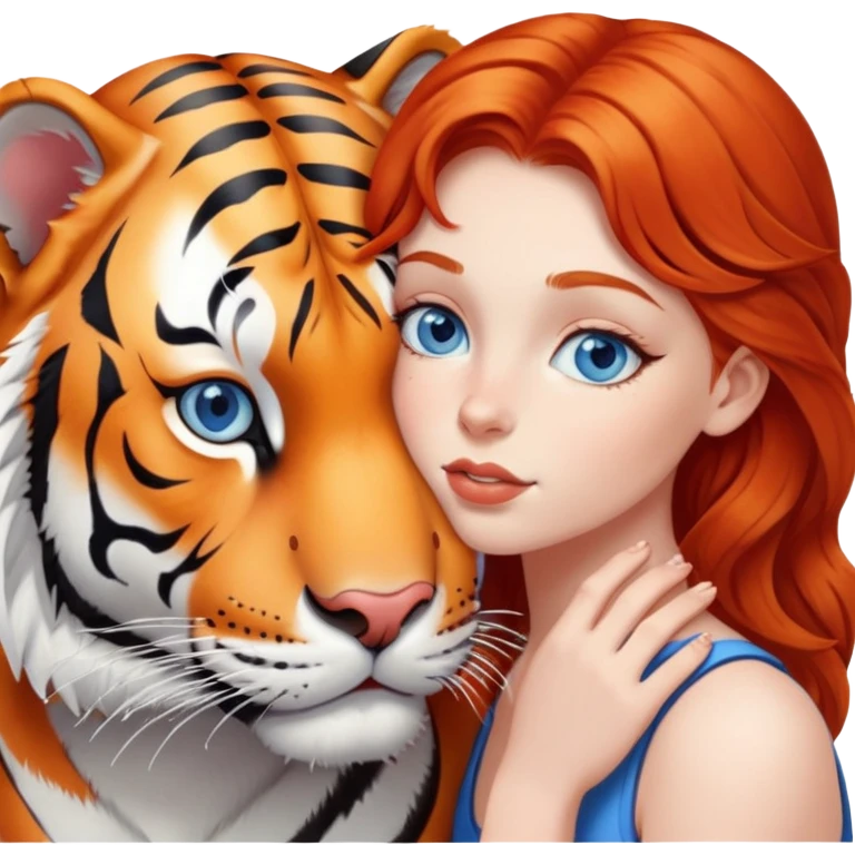 blue-eyed redhead girl kissing tiger emoji