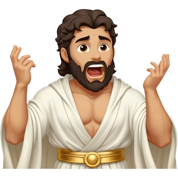 Cinematic Realistic Hercules Portrait, head tilted slightly with a dramatic, wide-open yawn, revealing a moment of relaxed, unguarded strength. His bronze, sculptural skin and thick, wavy dark hair retain their classical beauty even in repose. Draped in a gracefully flowing white robe with subtle golden details, the portrait is bathed in soft natural lighting, capturing a tender glimpse of vulnerability from a timeless Greek hero. emoji