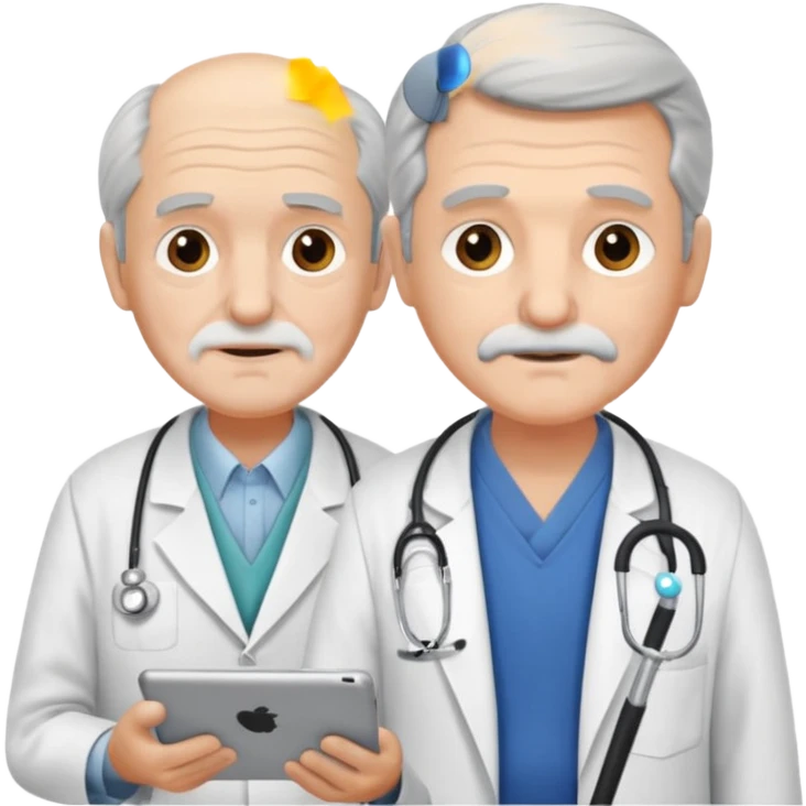 Old man with a cane showing an iPad to a doctor emoji