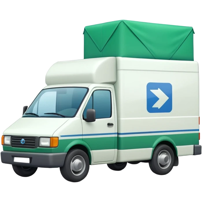 a white delivery van with green and blue color on the delivery van tarpaulin.  emoji