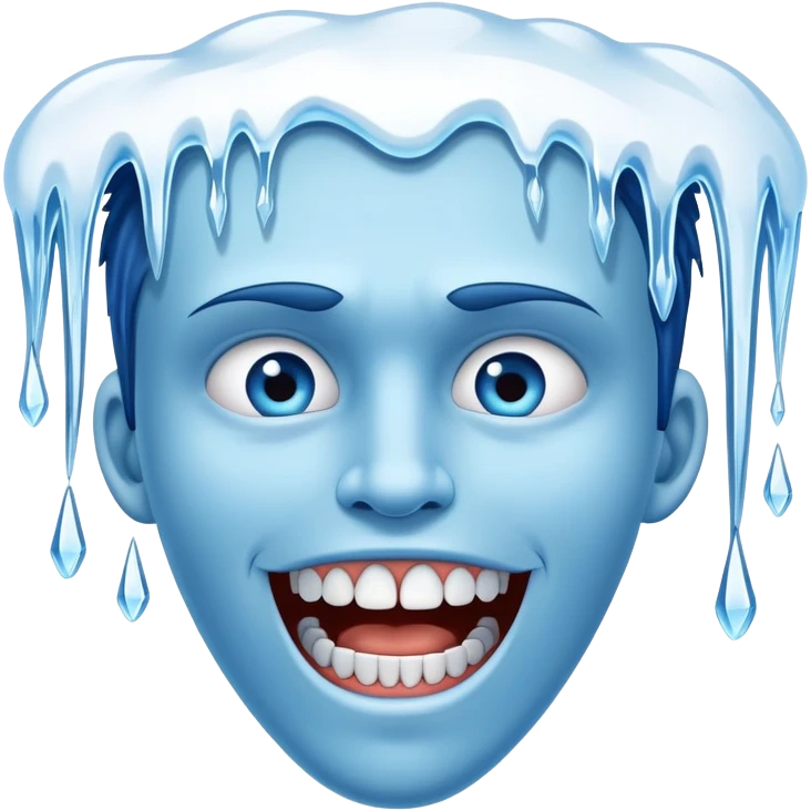 Blue face with chattering teeth, icicles hanging from face, freezing cold expression emoji