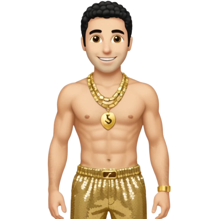 Sacha Boran Cohen with gold sequin baggy pants, shirtless with necklace emoji
