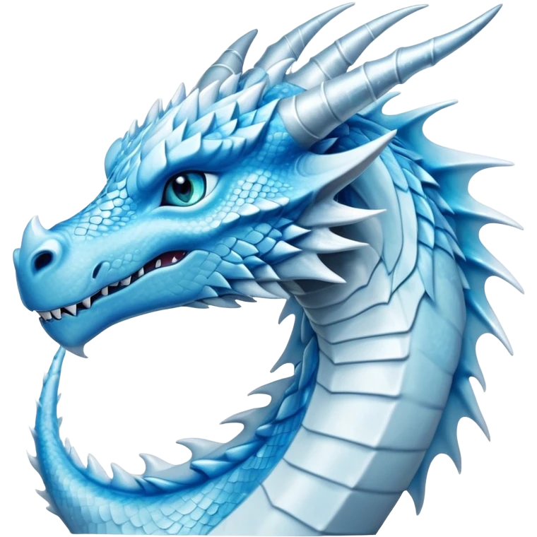Cinematic Noble elegant Ice Dragon Portrait Emoji, Poised and imposing, distinct long elegant snout, with a slender, scaled body shimmering in glacial hues of icy blue, frostbitten silver, and crystalline white, breathing out frost, with piercing, glowing ice blue white eyes that radiate the chilling depths of an arctic storm; rendered in detail. emoji