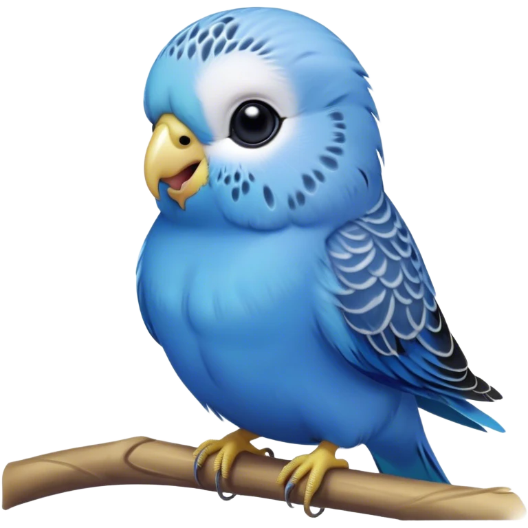Cinematic Comical Blue Budgie Portrait Emoji, Head tilted dramatically with an exaggeratedly amused expression, featuring a striking blue feathered fur with a glossy finish, wide, expressive dark eyes filled with playful disbelief, Simplified yet hilariously expressive features, highly detailed, glowing with a slightly sassy glow, high shine, dramatic yet playful, stylized with an air of cheeky mischief, bright and endearing, soft glowing outline, capturing the essence of a spirited and over-the-top budgie, so meme-worthy it feels like it could side-eye its way into internet fame instantly! emoji