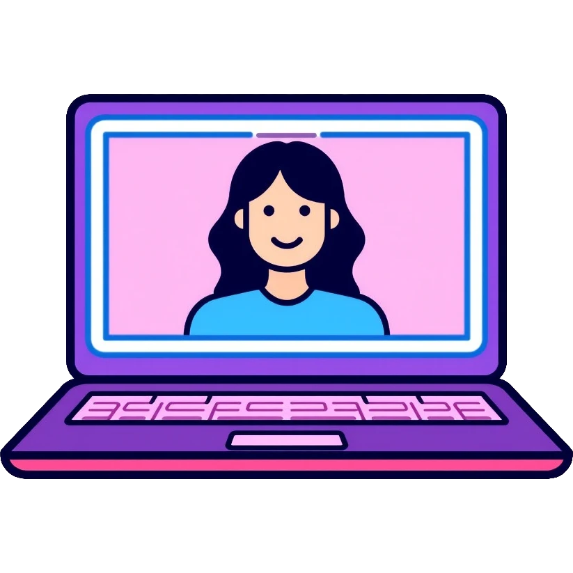 laptop computer with video call showing a person on screen, pink and light blue interface, with neon glow lines, blue neon light on top left, purple neon light on bottom right emoji