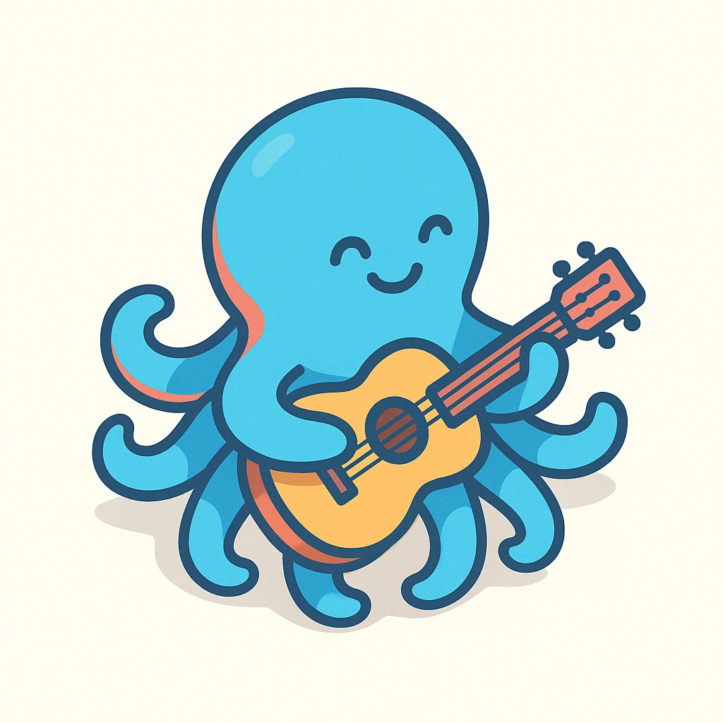 happy octopus with multiple arms playing guitar emoji