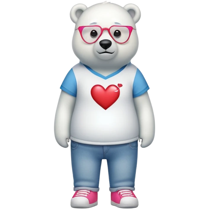 friendly anthropomorphised polar bear standing upright, looking chilled and unbothered, wearing a shirt, jeans, trainers, heart-shaped colorful glasses emoji