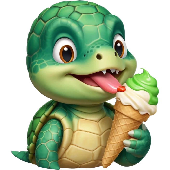 cute turtle portrait, head and shoulders only, licking an ice cream cone, funny happy expression, 3D cartoon, mobile game icon style, clean background, no text, no watermark
 emoji
