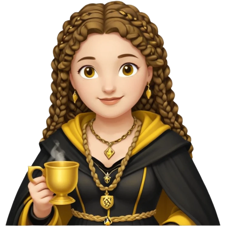 Helga Hufflepuff, 2 curly thick brown braids, yellow-black medieval dress, black cloak decorated with gold braiding, tiny two-handled shiny yellow-gold cup, very kind smile, curvy busty sweet woman, thick rosy cheeks emoji