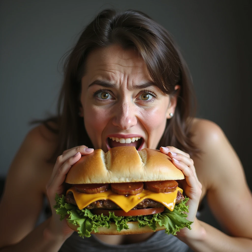 hyperrealistic image of a woman with an anxious and hungry expression biting a giant sandwich, nervous hunger, white background, variation 3 emoji