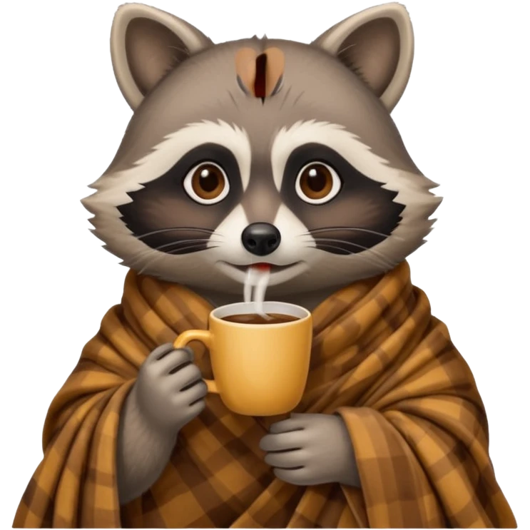Female raccoon drinking coffee with blanket around her emoji