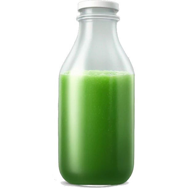 aesthetic green juice in tall clear drink bottle with white lid realistic soft textures emoji