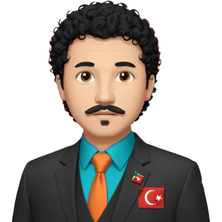 Black curly hair, messy and thrown forward, brown eyes, a goatee, thin mustache, wearing a suit. On the suit, there is a small Turkish flag detail on the chest, and on the other side of the chest, it says 'BST' — with 'B' in orange, 'S' in turquoise, and 'T' in navy blue. emoji