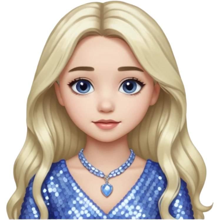 Sabrina Carpenter with long platinum blonde hair, periwinkle sequin dress and necklace emoji