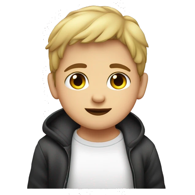 un niño con pelo liso, corto, PIEL COLOR BLANCA, ojos NEGROS, gordito emoji