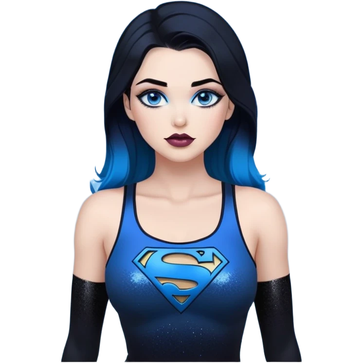very very large chest-stunning beautiful face-black leggings-glitter lipstick-very long straight-dark-black to blue ombre hair-and-blue eyes-a lot of black eyeliner-thick long eyelashes-sky blue low tanktop with glitter superman character emoji