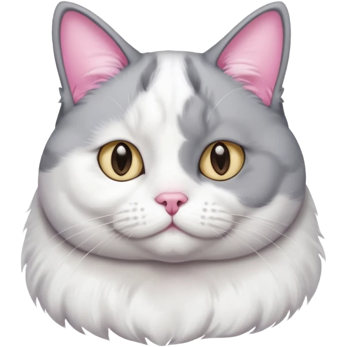 Gray and white tuxedo cat that is fat with white on top of tail and white on nose emoji