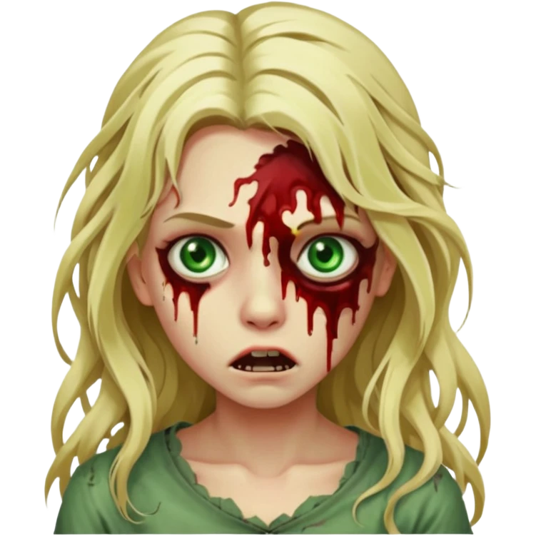 faça um emoji de um zumbi, uma menina loira com olho verdes, sangue, de terror, cabelo longo  emoji
